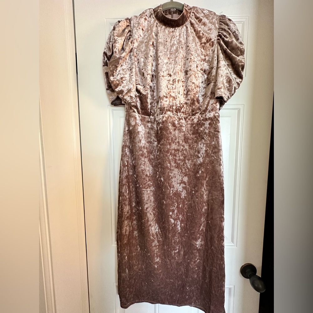 Pink Mauve Crushed Velvet Puff Sleeve Midi Dress